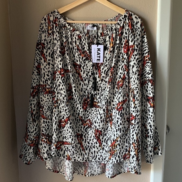 NWT KATE BY LALTRAMODA CAMICI Long Sleeve Lightning Bolt Oversized Tunic Blouse - Picture 2 of 9